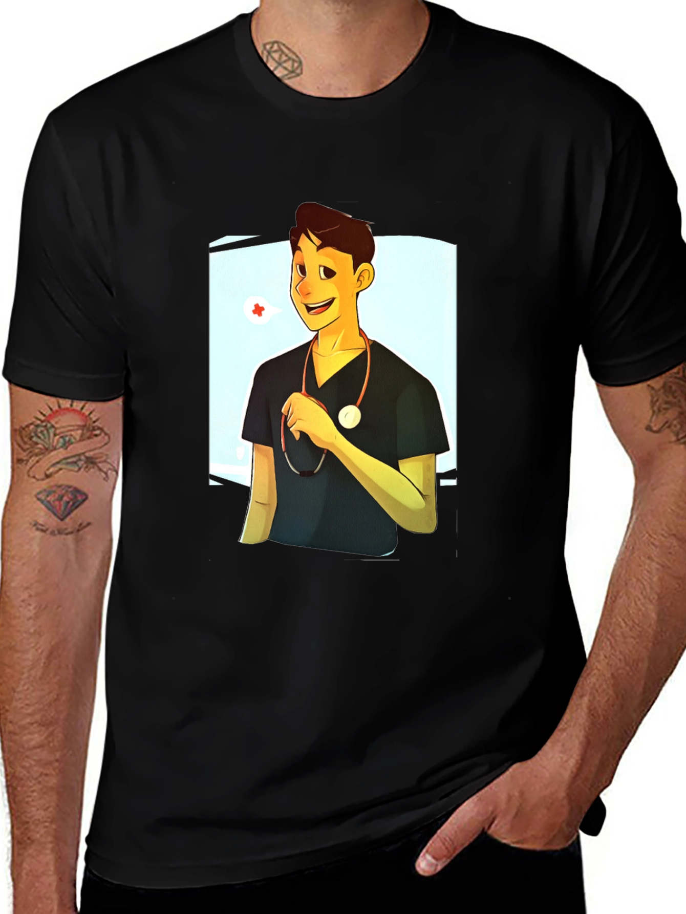 Cartoon Doctor Graphic Black T-Shirt