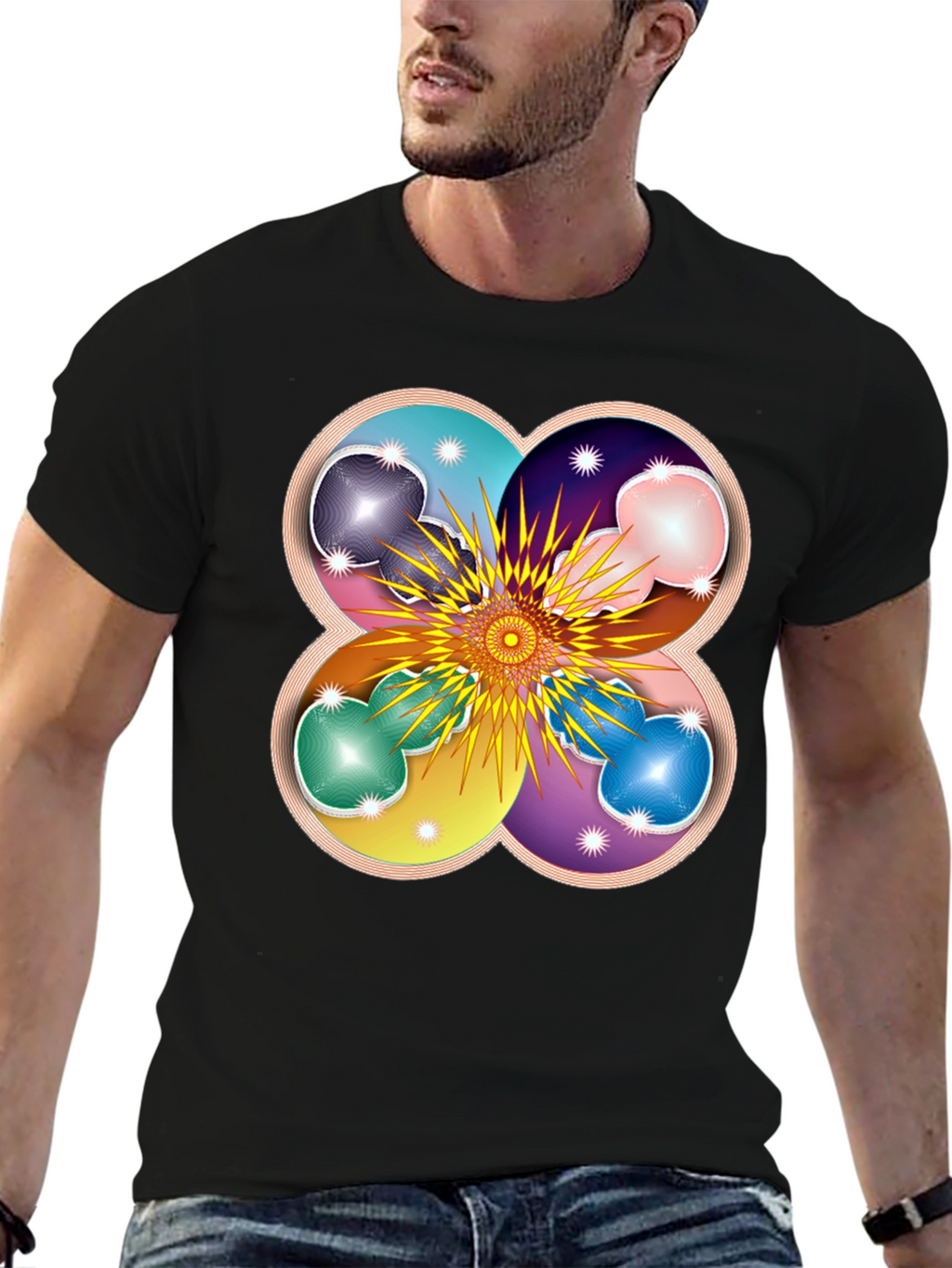 Geometric Flower Mandala Black T-Shirt