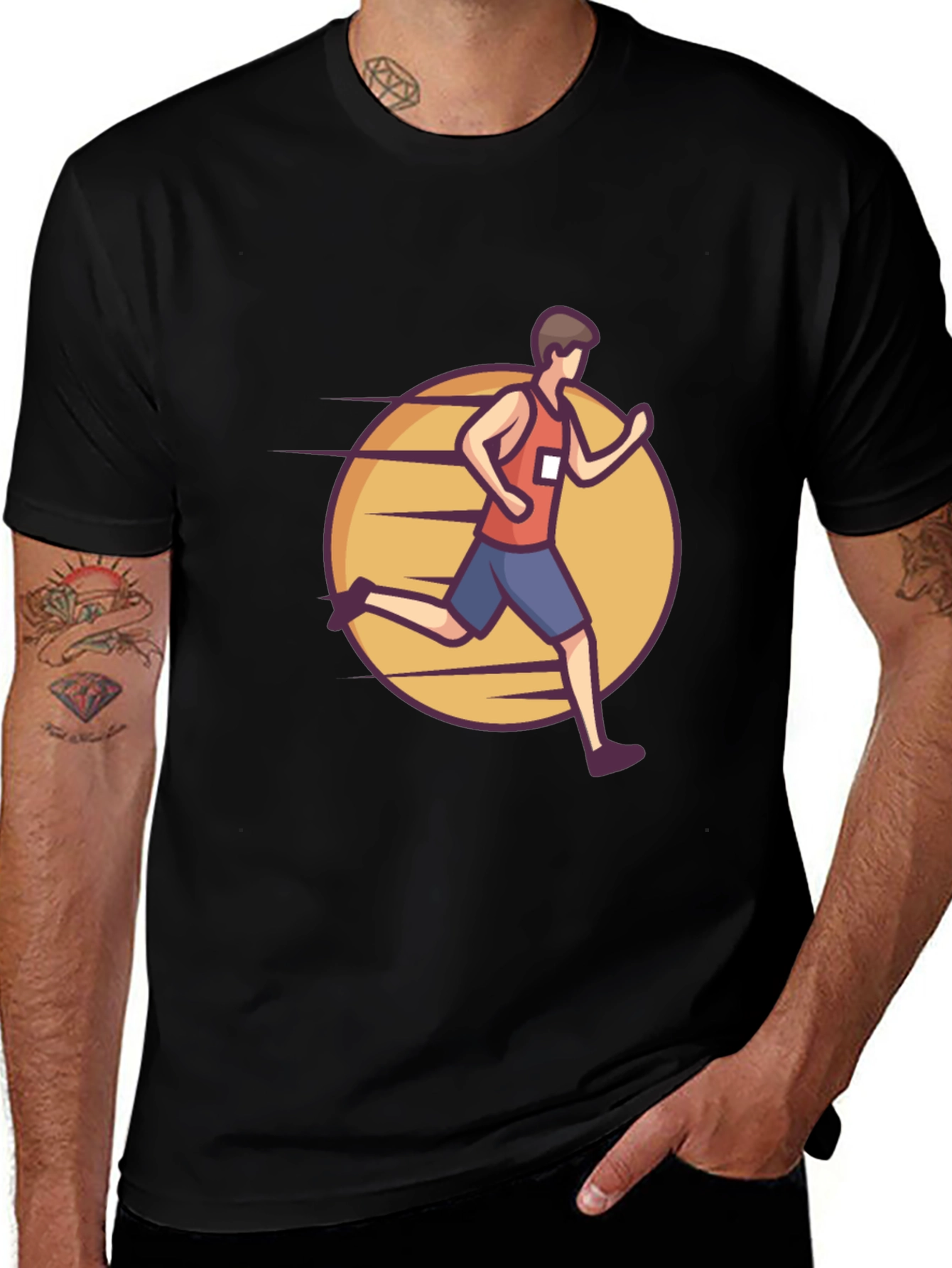 Black Graphic Tee: Cartoon Runner Design