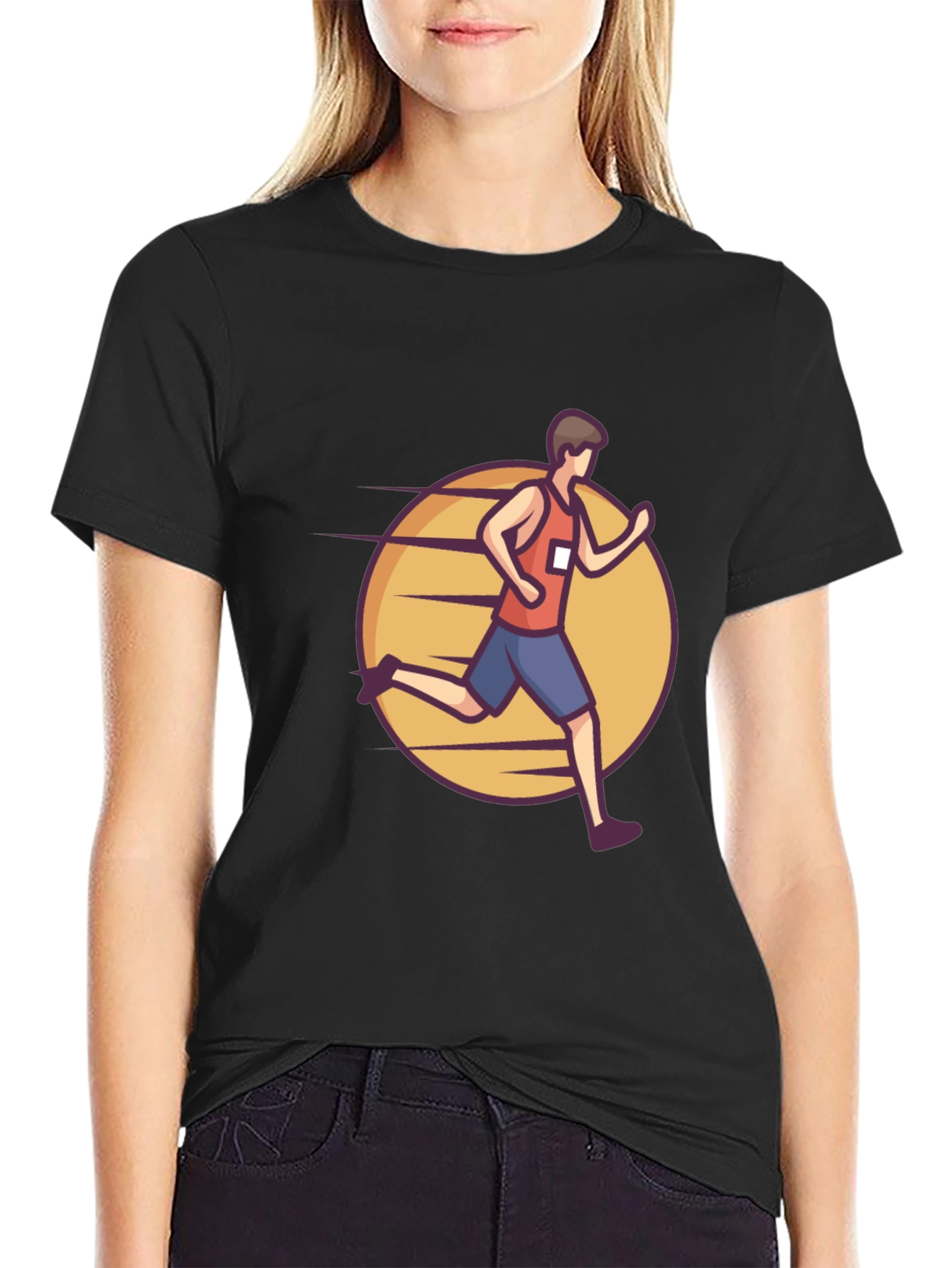Black Graphic Tee: Cartoon Runner Design