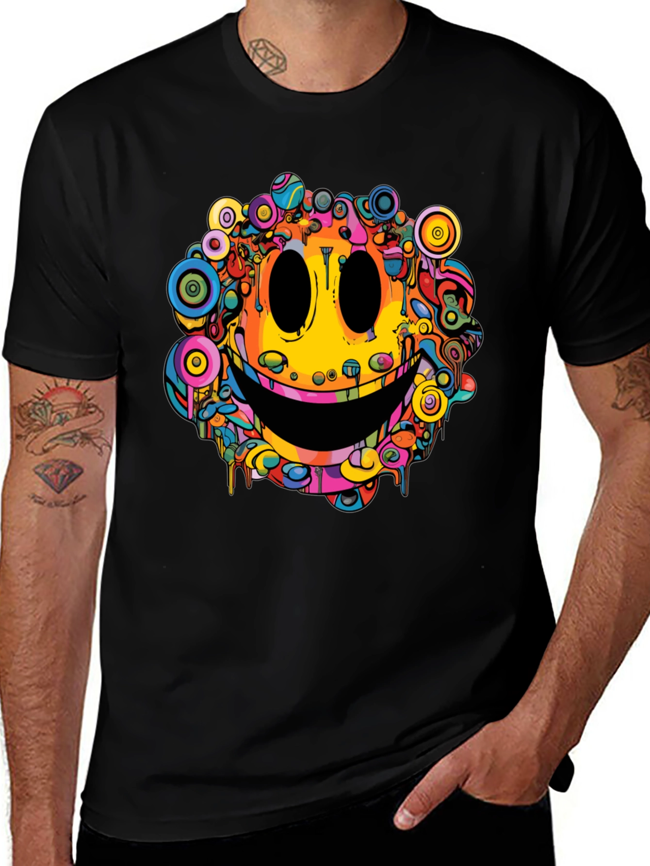 Psychedelic Smiley Face Graphic Tee - Black