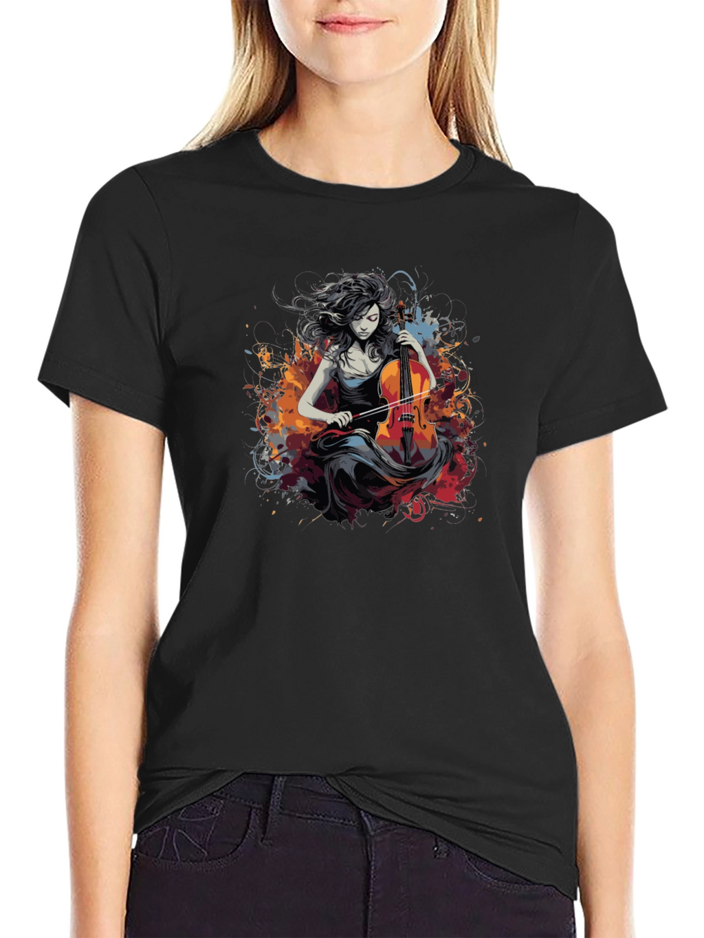 Cello Woman Black Tee - Artsy Design
