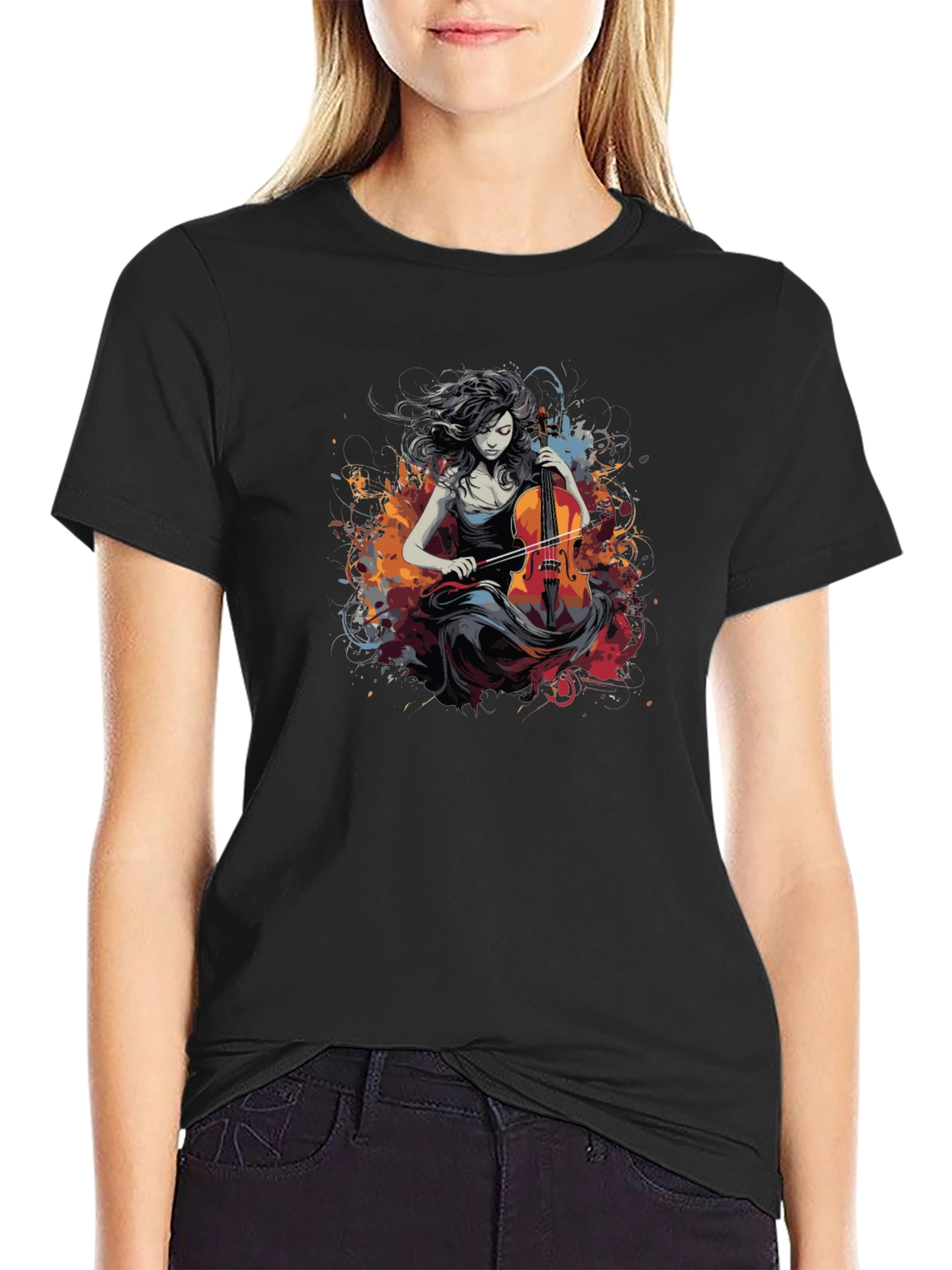 Cello Woman Black Tee - Artsy Design