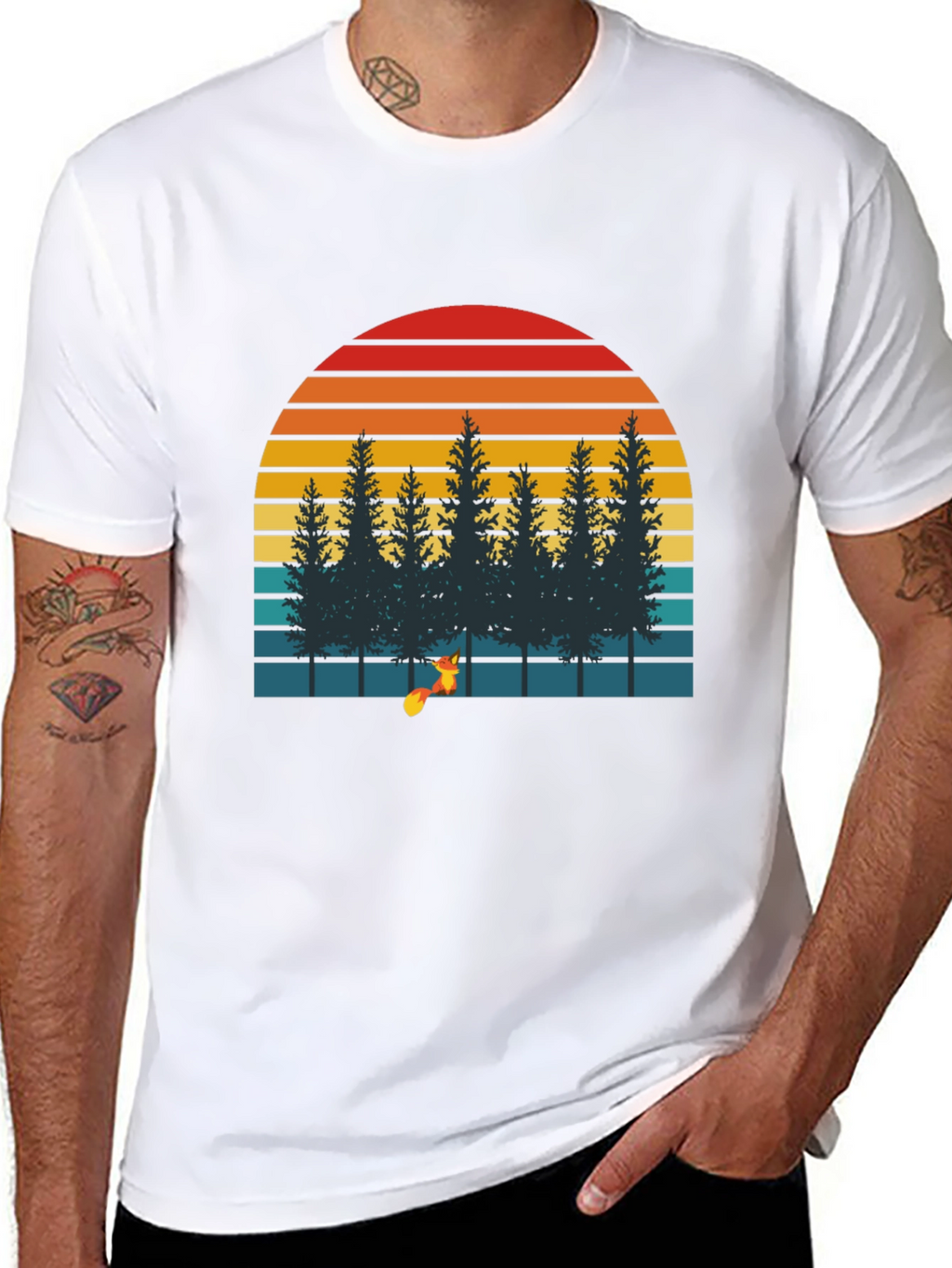 Retro Sunset Forest Fox Graphic T-Shirt