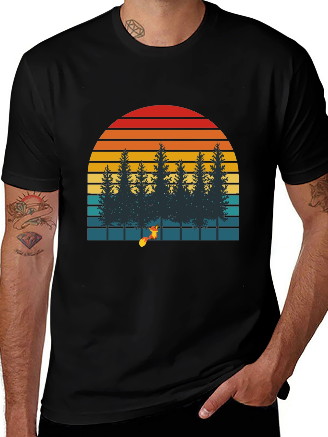 Retro Sunset Forest Fox Graphic T-Shirt