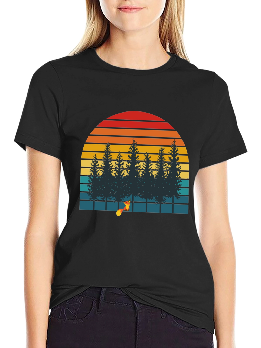 Retro Sunset Forest Fox Graphic T-Shirt