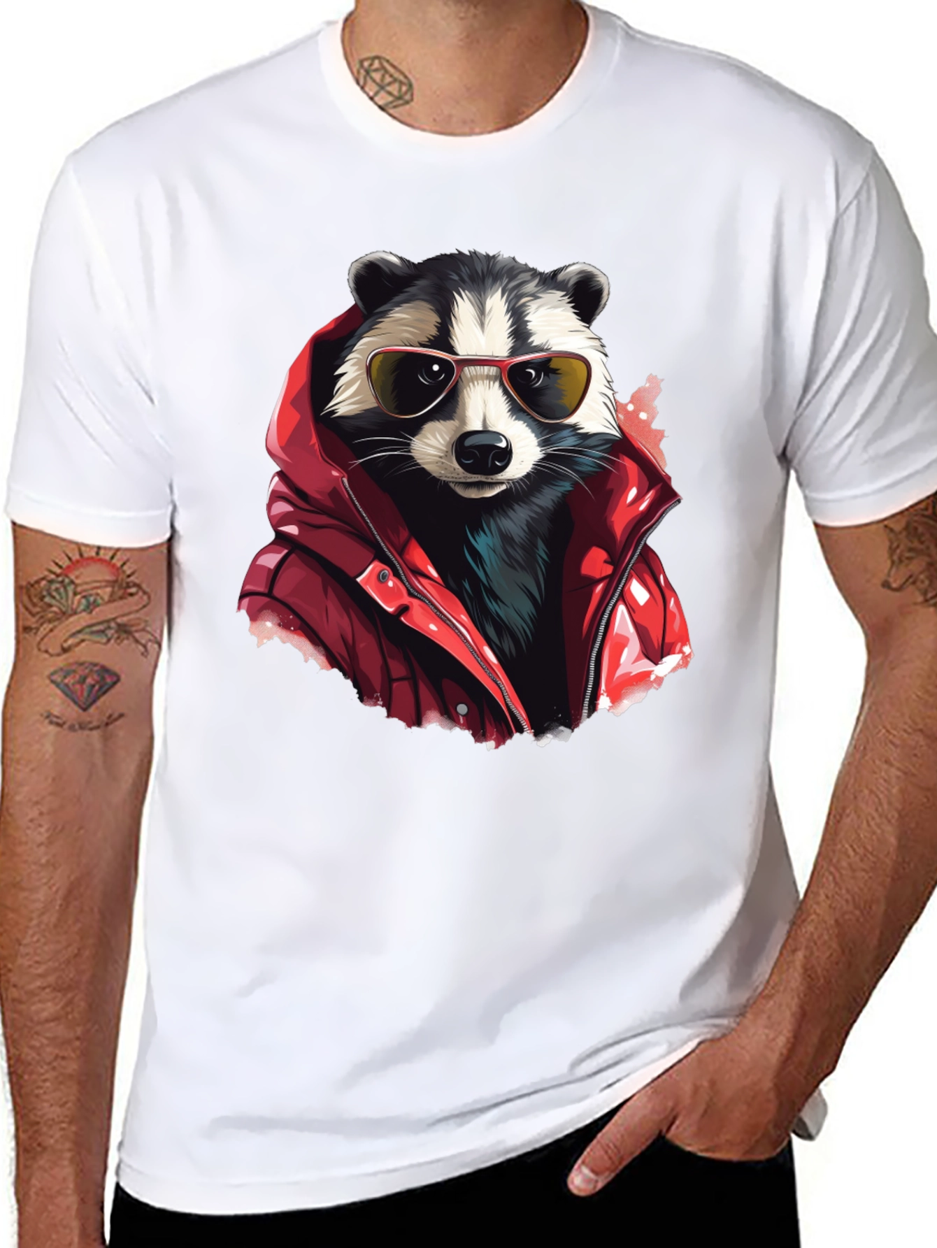 Raccoon in Red Jacket Graphic T-Shirt