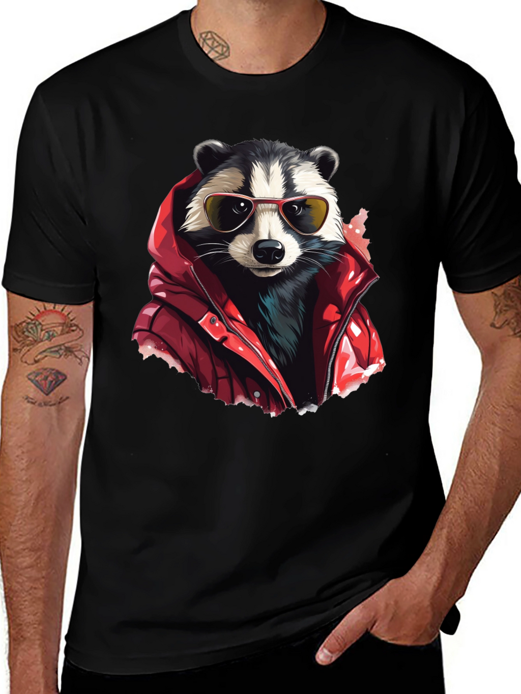 Raccoon in Red Jacket Graphic T-Shirt
