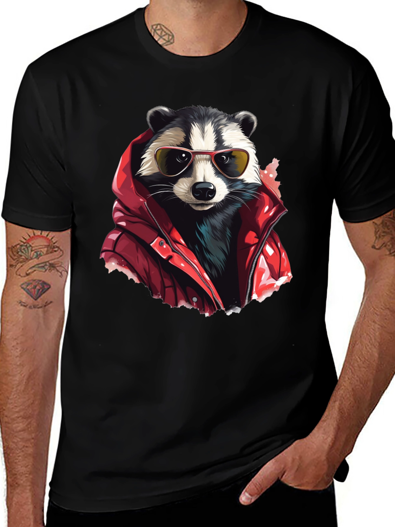 Raccoon in Red Jacket Graphic T-Shirt