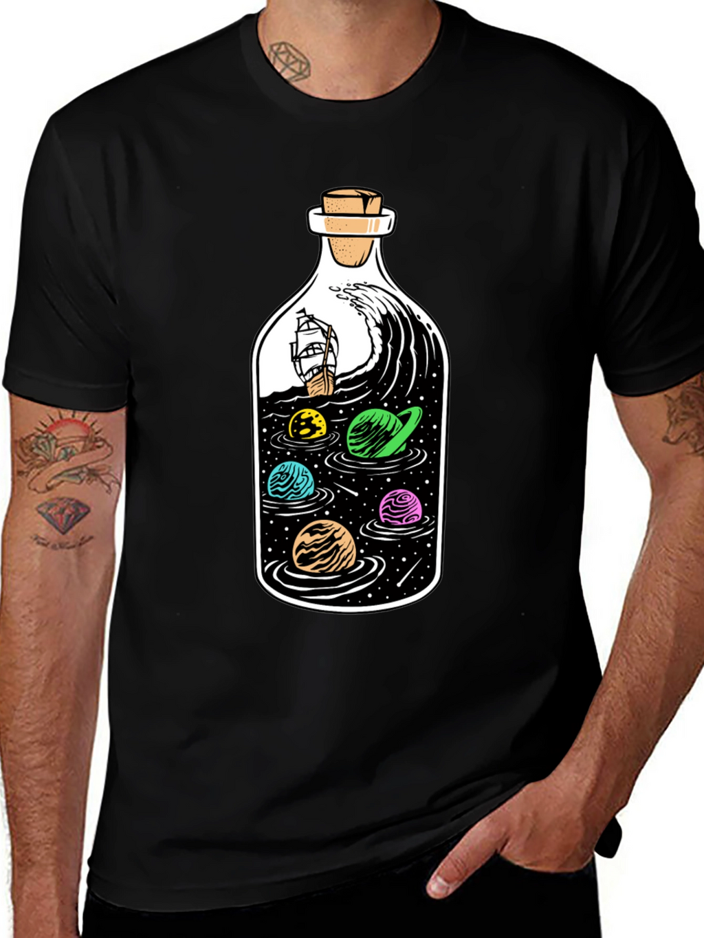 Bottle Space Graphic T-Shirt - Black Cotton Tee