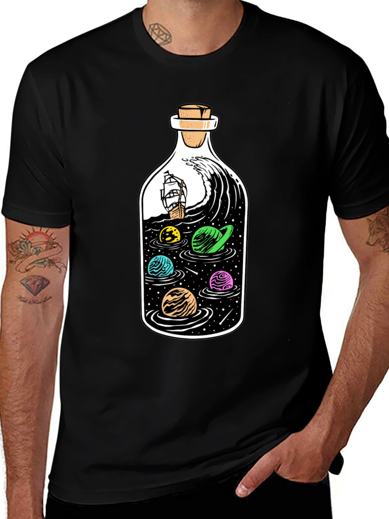 Bottle Space Graphic T-Shirt - Black Cotton Tee