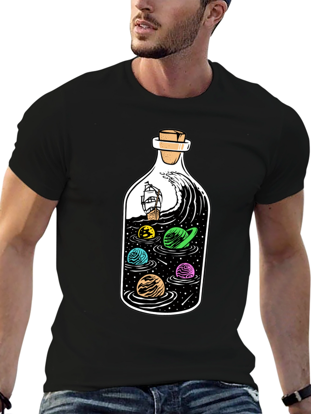 Bottle Space Graphic T-Shirt - Black Cotton Tee