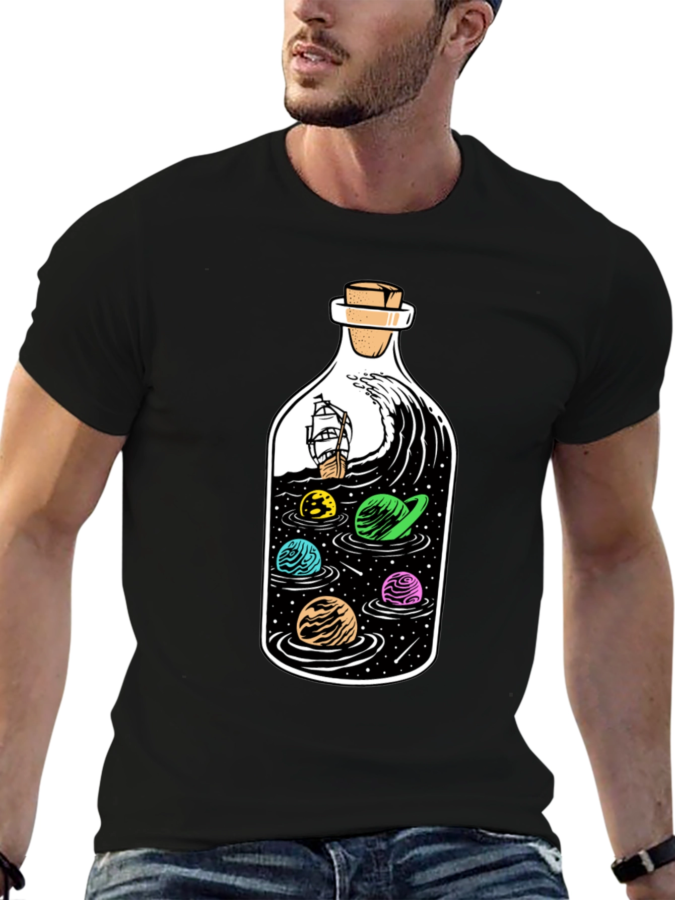 Bottle Space Graphic T-Shirt - Black Cotton Tee