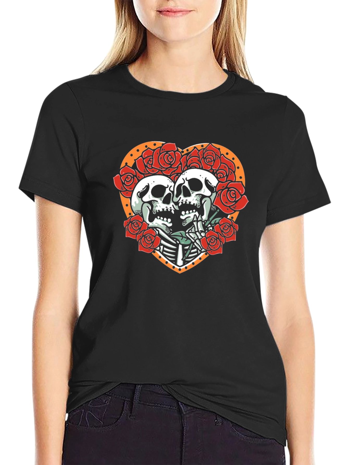 Skull & Roses Graphic Tee - Romantic Skeleton Couple T-Shirt