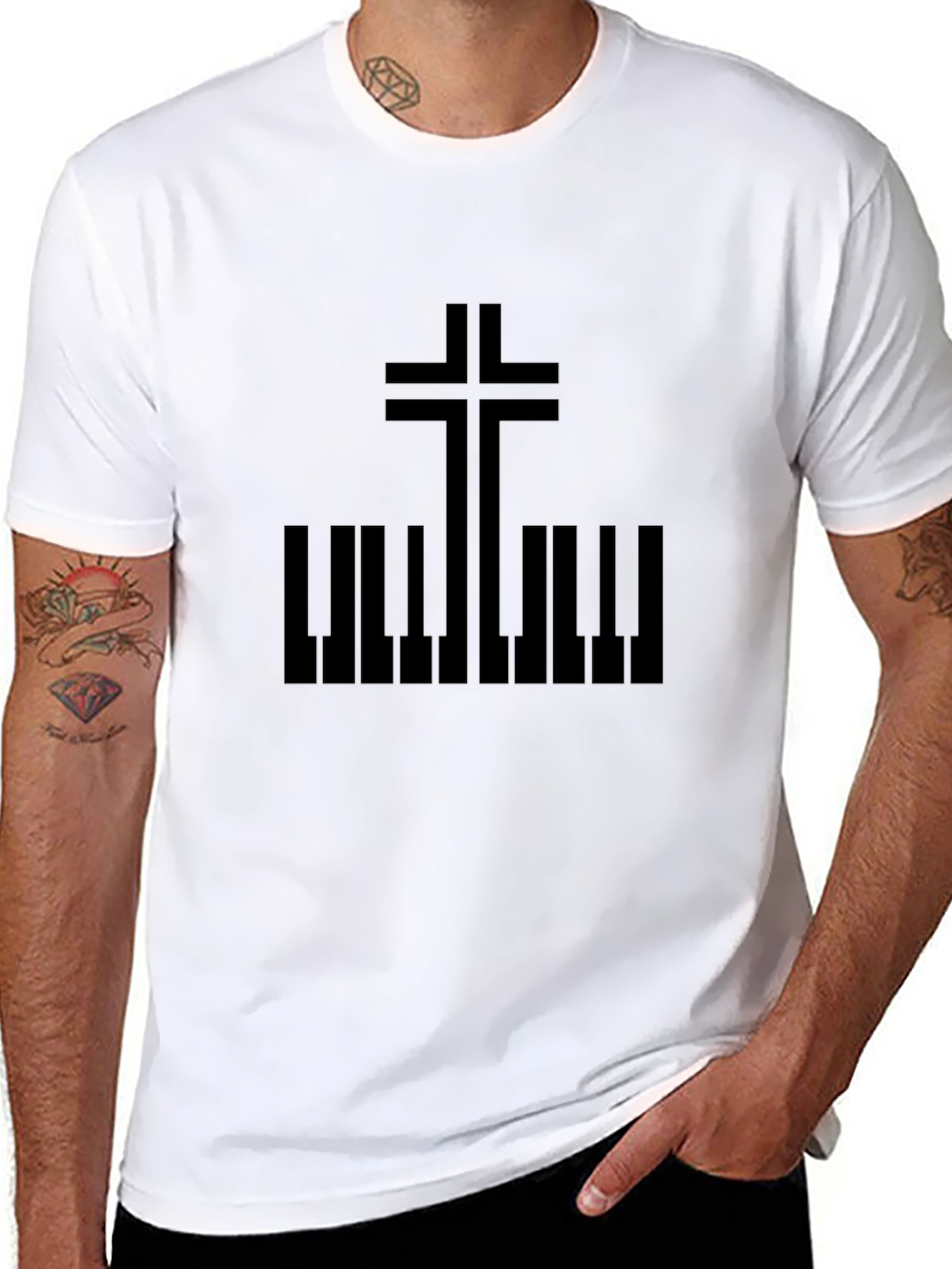 Christian Cross Piano Key Graphic Tee - Black