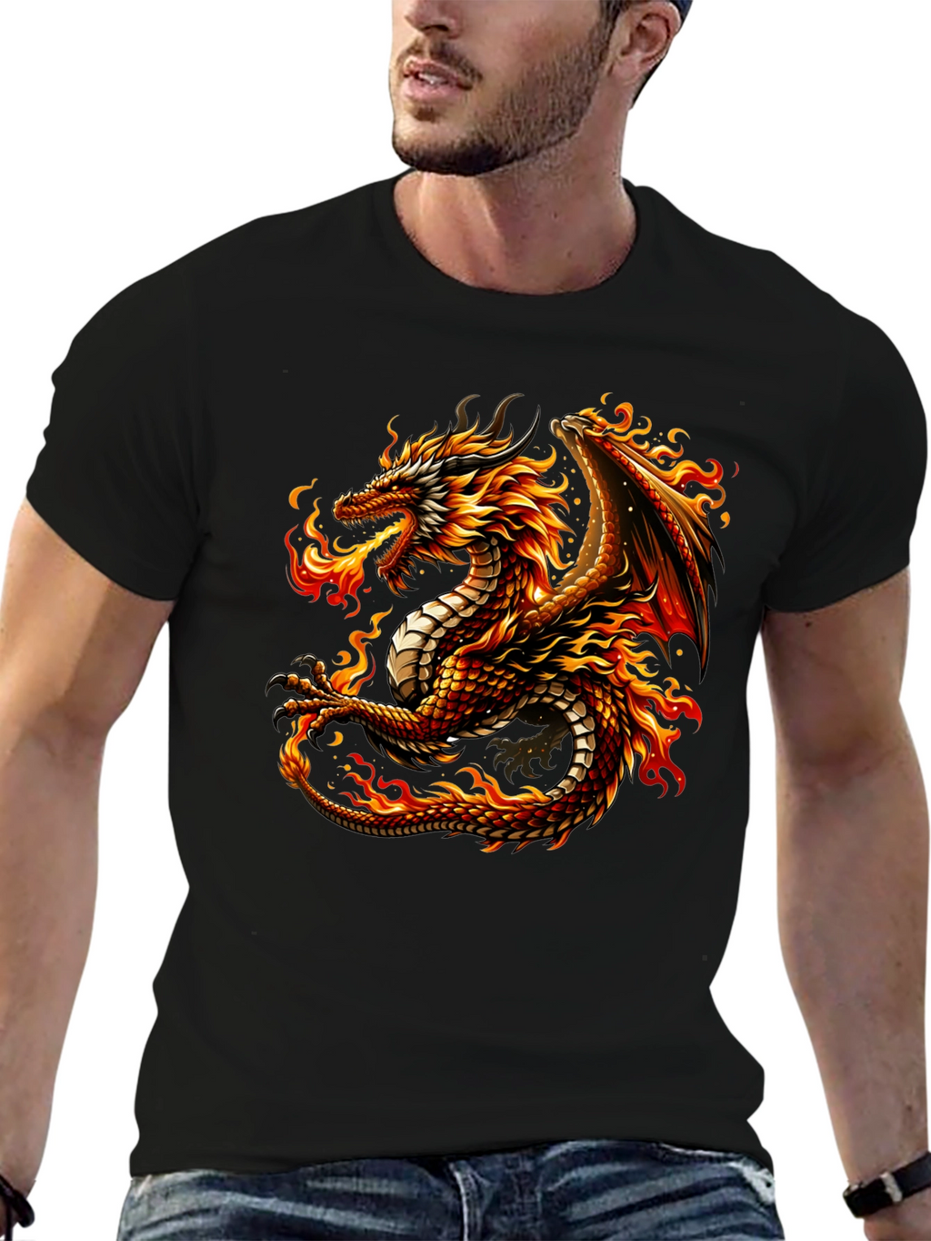 Fiery Dragon Graphic Tee - Black Cotton Comfort