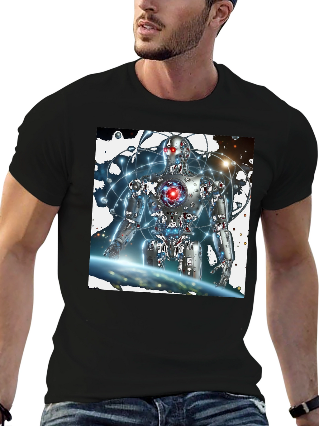 Futuristic Robot Graphic Black T-Shirt