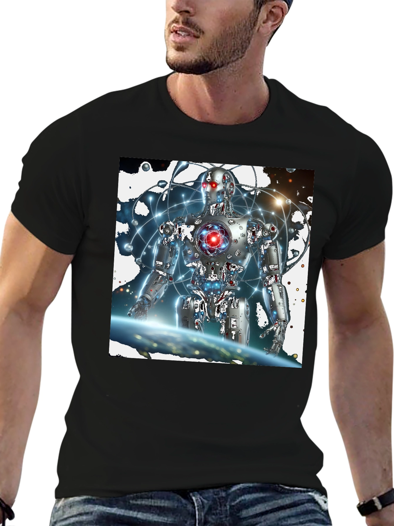 Futuristic Robot Graphic Black T-Shirt