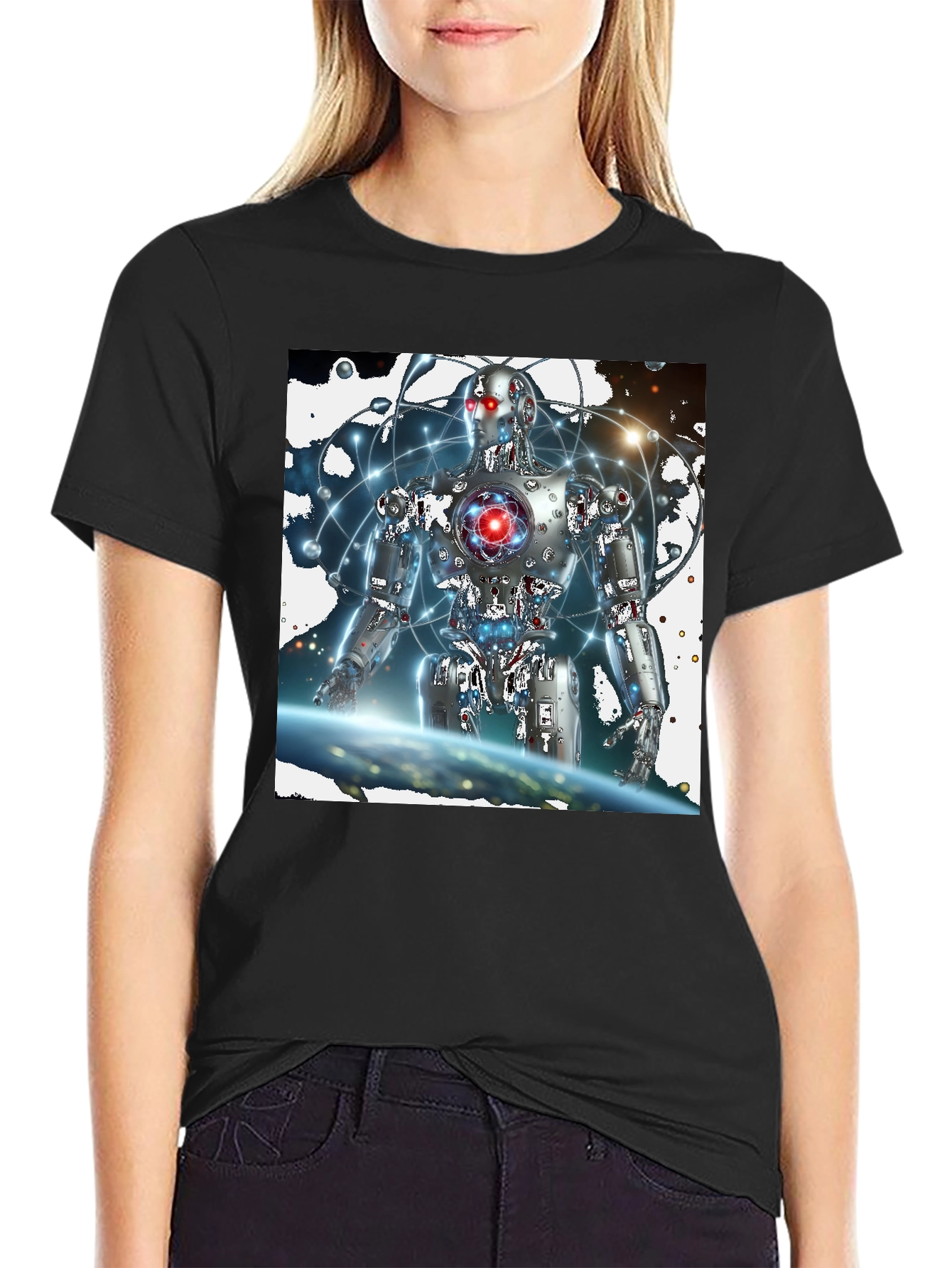 Futuristic Robot Graphic Black T-Shirt