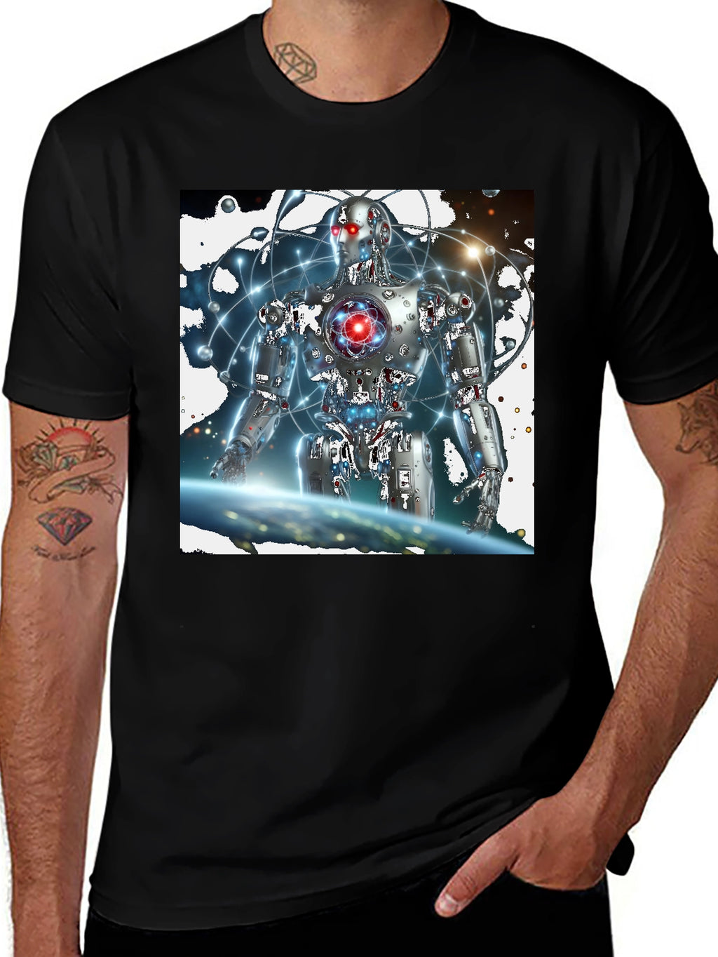 Futuristic Robot Graphic Black T-Shirt
