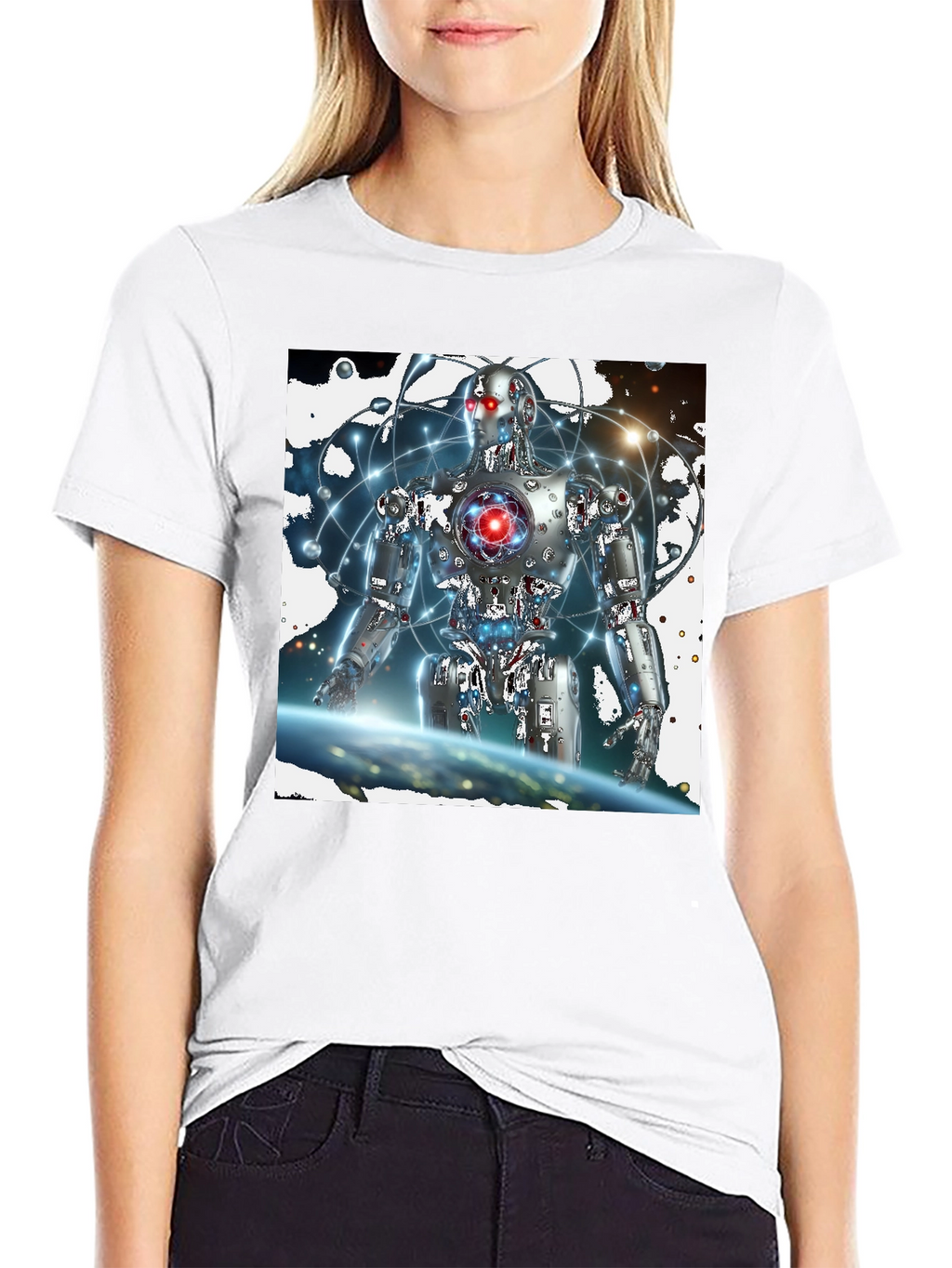 Futuristic Robot Graphic Black T-Shirt