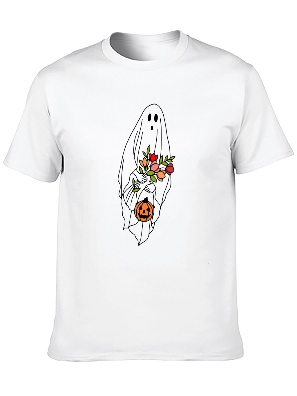 Ghost with Flowers & Pumpkin Black T-Shirt