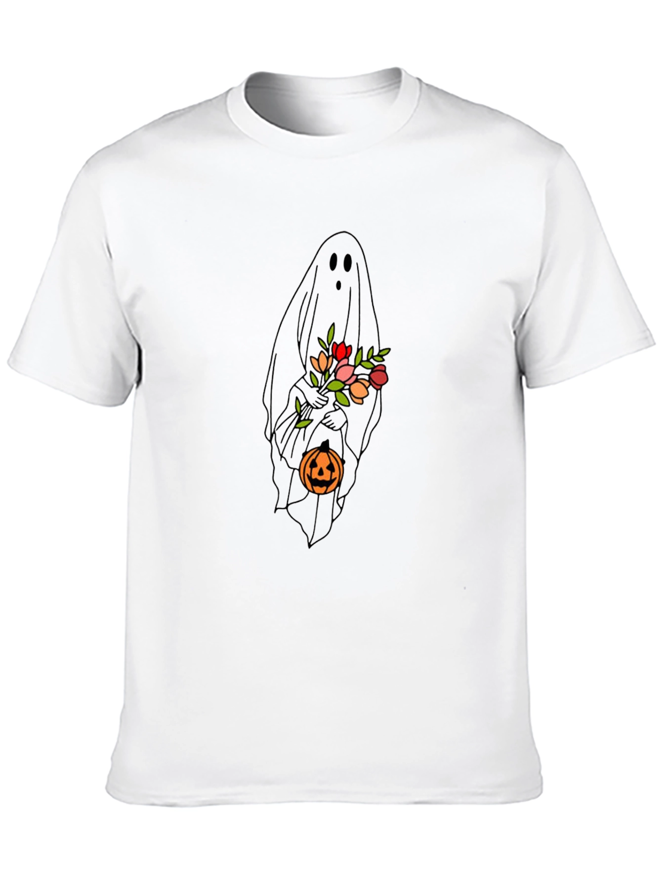 Ghost with Flowers & Pumpkin Black T-Shirt