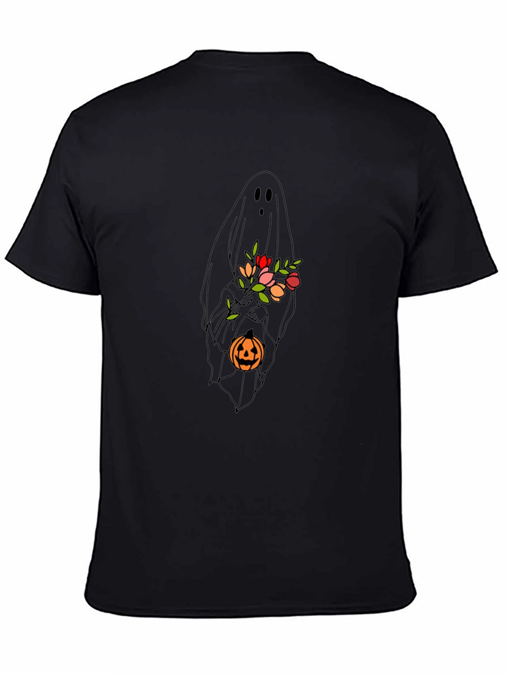 Ghost with Flowers & Pumpkin Black T-Shirt