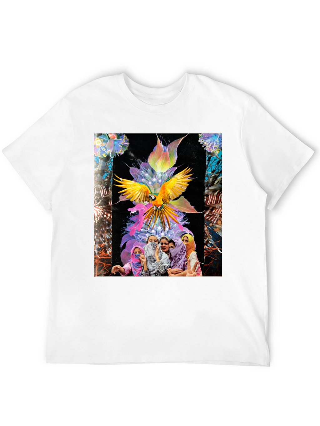 Artistic Graphic Tee - Parrot & Floral Design