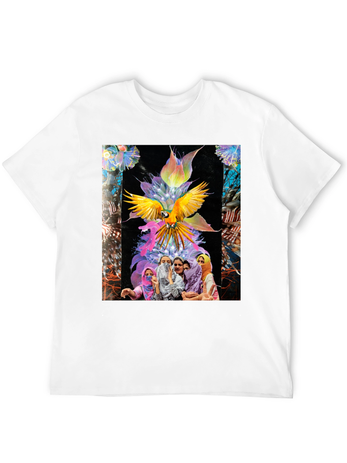 Artistic Graphic Tee - Parrot & Floral Design