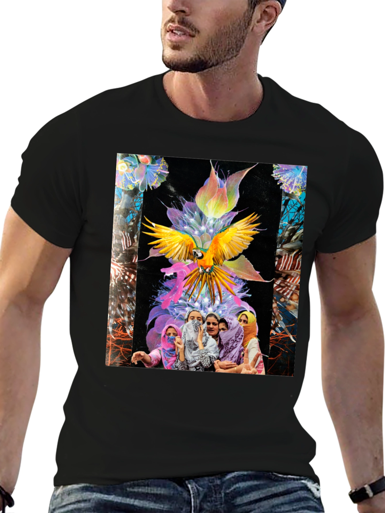 Artistic Graphic Tee - Parrot & Floral Design