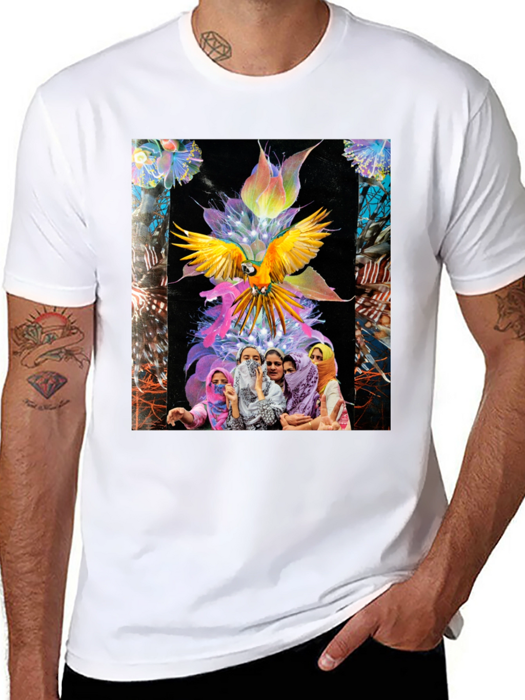 Artistic Graphic Tee - Parrot & Floral Design