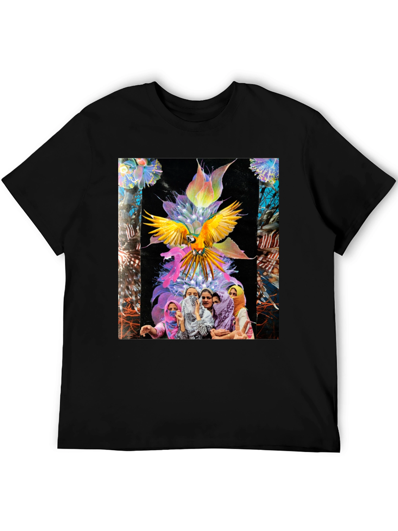 Artistic Graphic Tee - Parrot & Floral Design