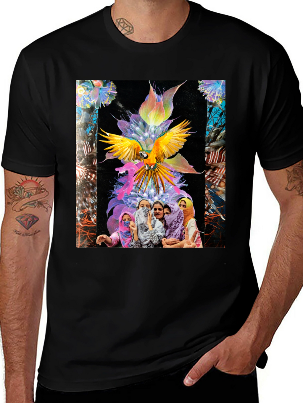 Artistic Graphic Tee - Parrot & Floral Design