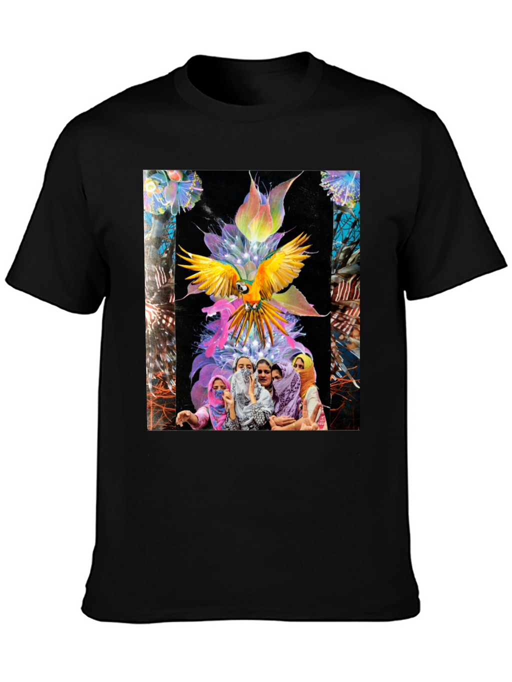 Artistic Graphic Tee - Parrot & Floral Design
