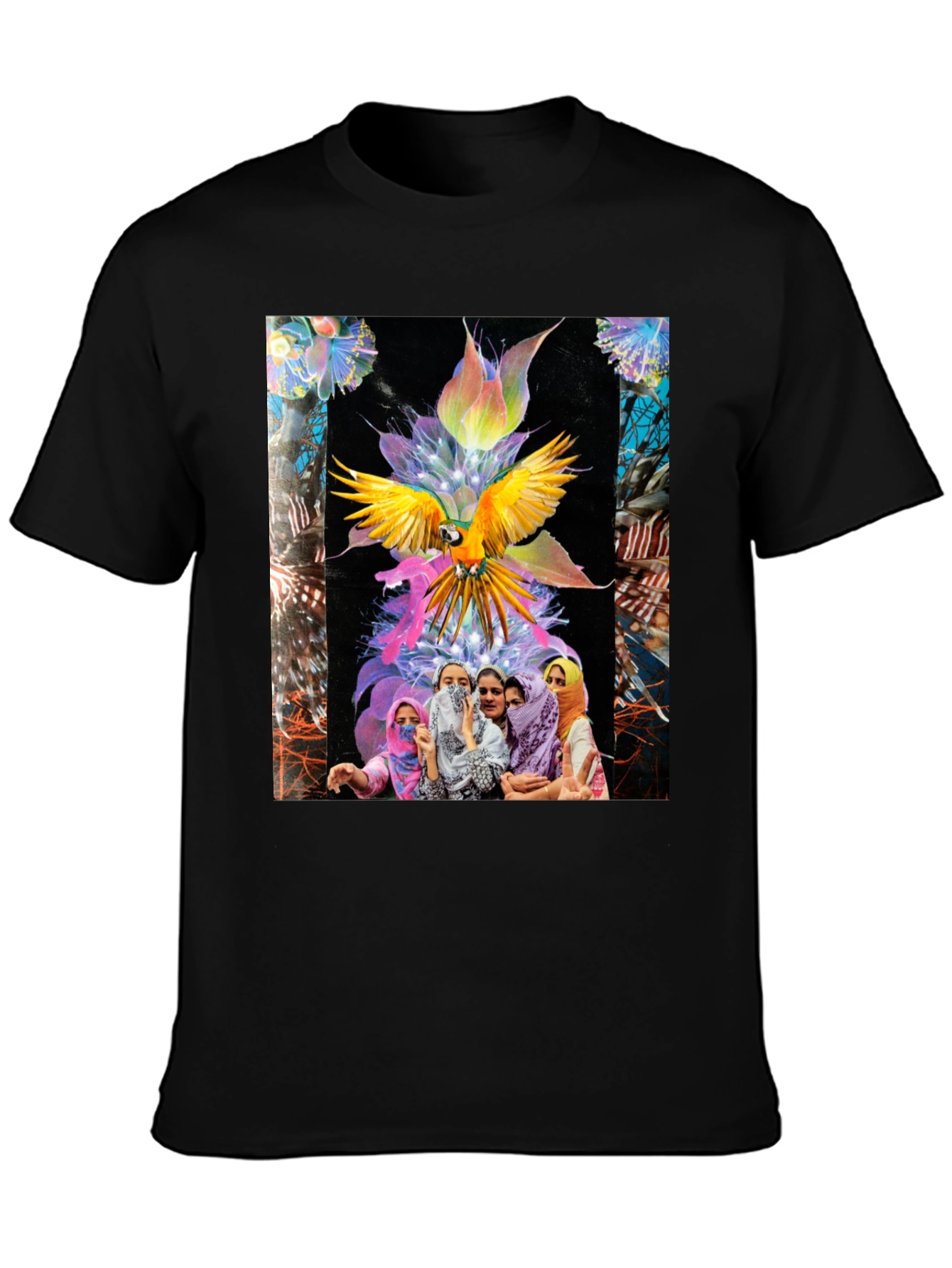Artistic Graphic Tee - Parrot & Floral Design