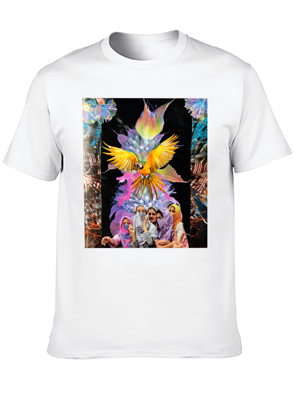 Artistic Graphic Tee - Parrot & Floral Design