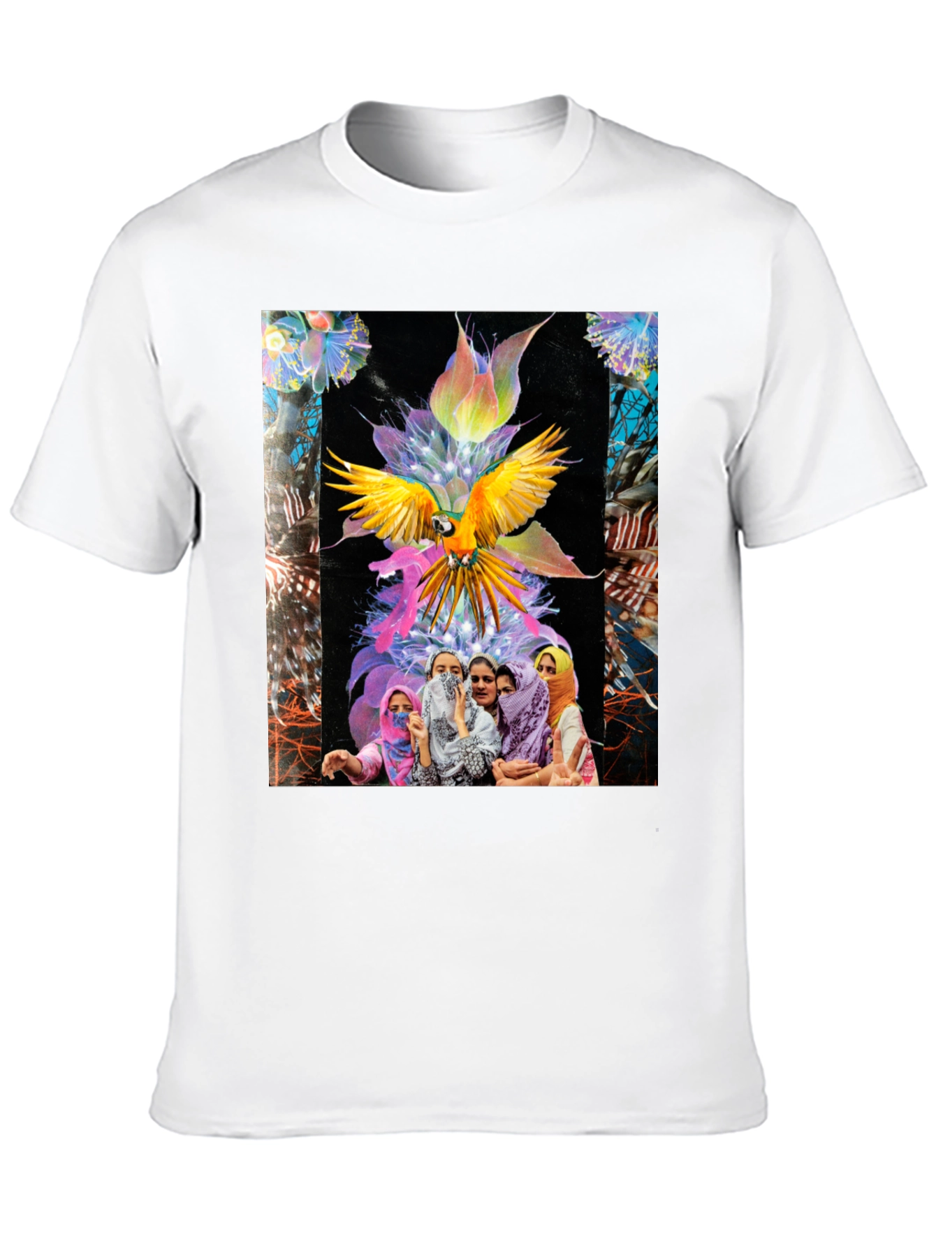 Artistic Graphic Tee - Parrot & Floral Design