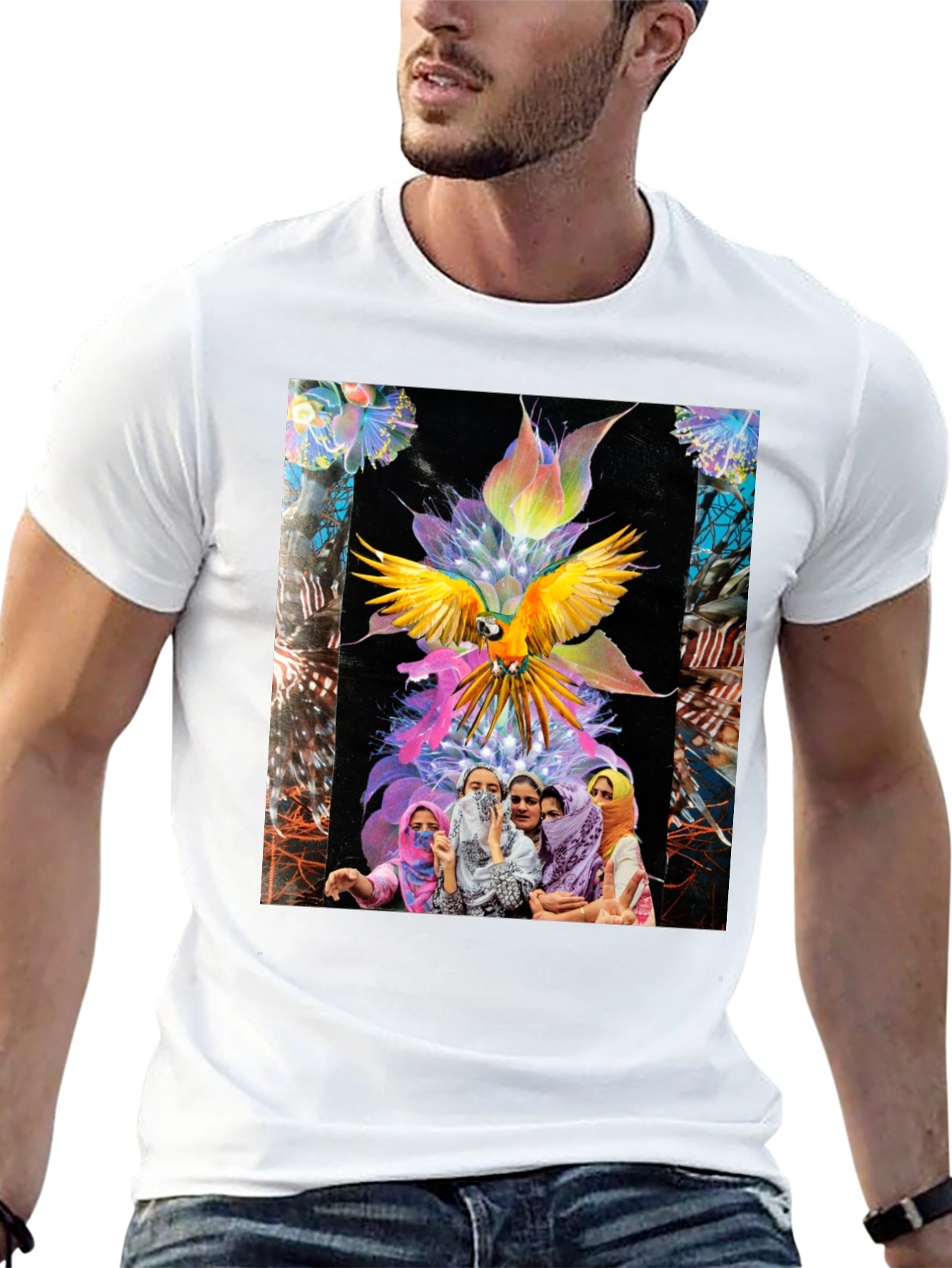Artistic Graphic Tee - Parrot & Floral Design