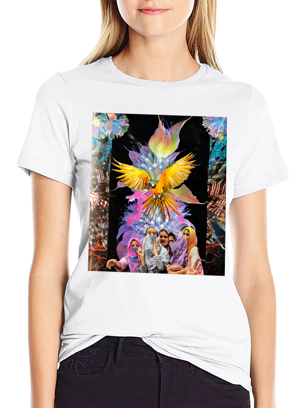 Artistic Graphic Tee - Parrot & Floral Design