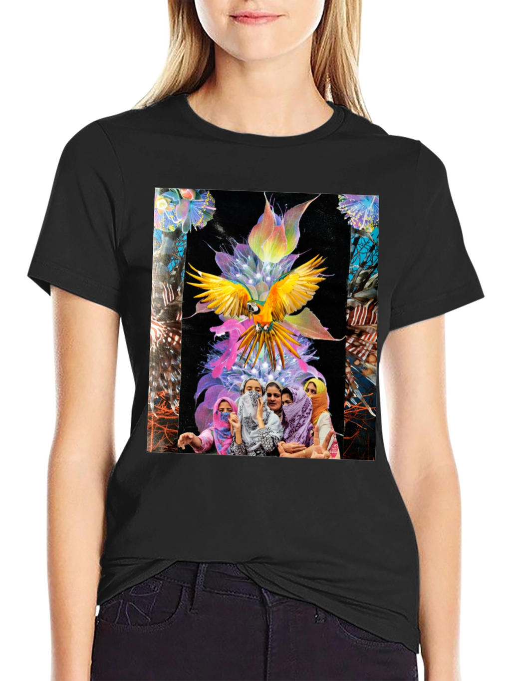 Artistic Graphic Tee - Parrot & Floral Design