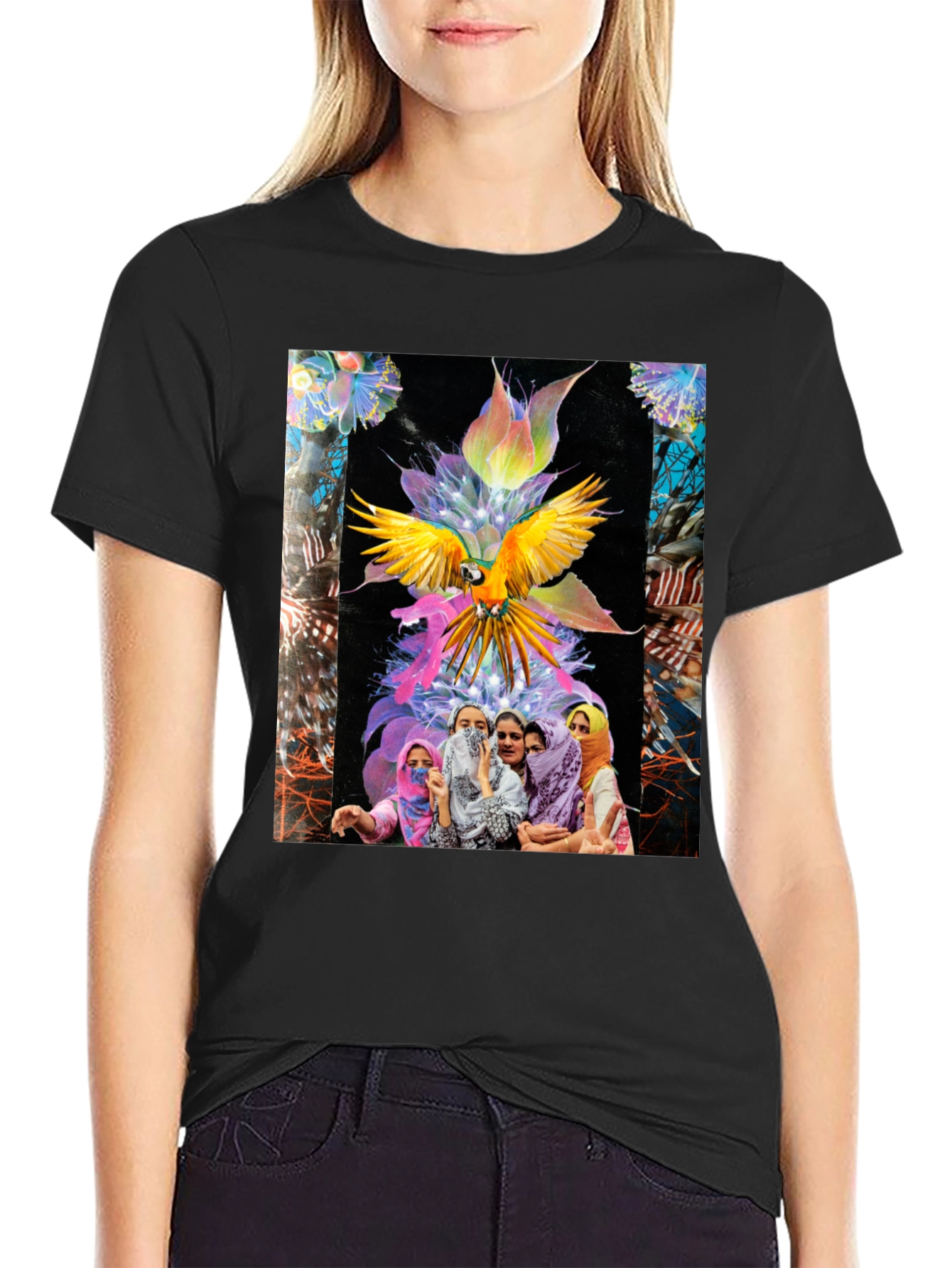 Artistic Graphic Tee - Parrot & Floral Design
