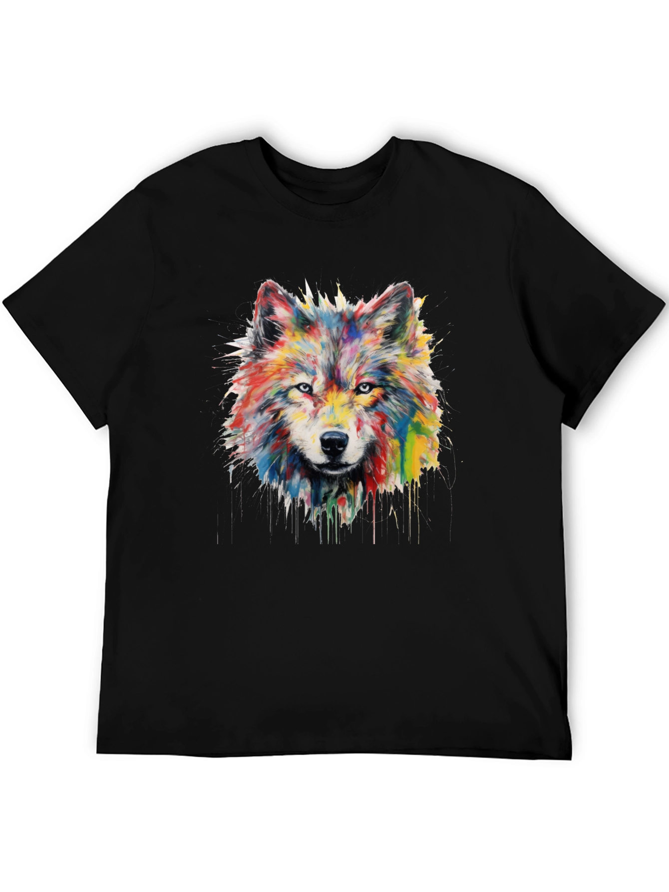Colorful Watercolor Wolf Graphic Black T-Shirt