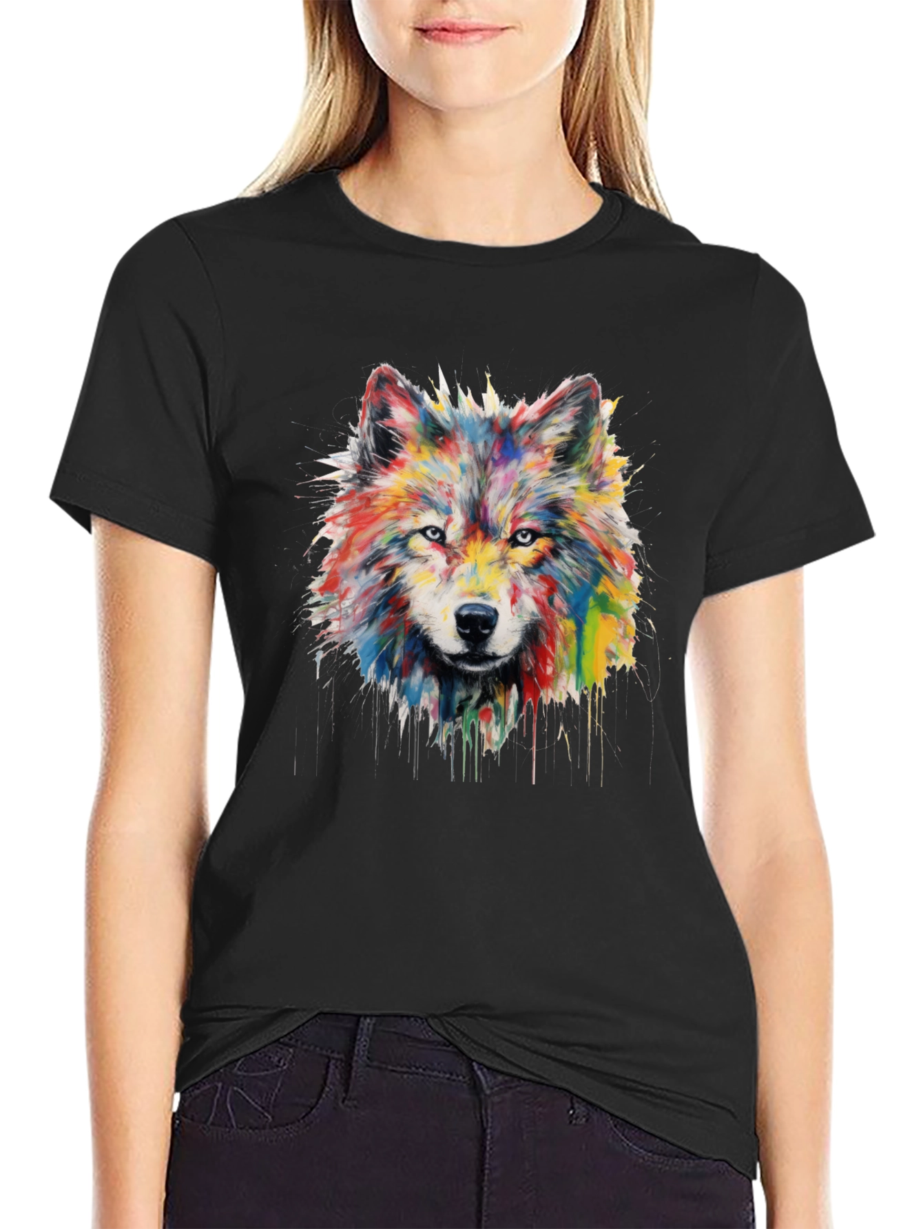 Colorful Watercolor Wolf Graphic Black T-Shirt