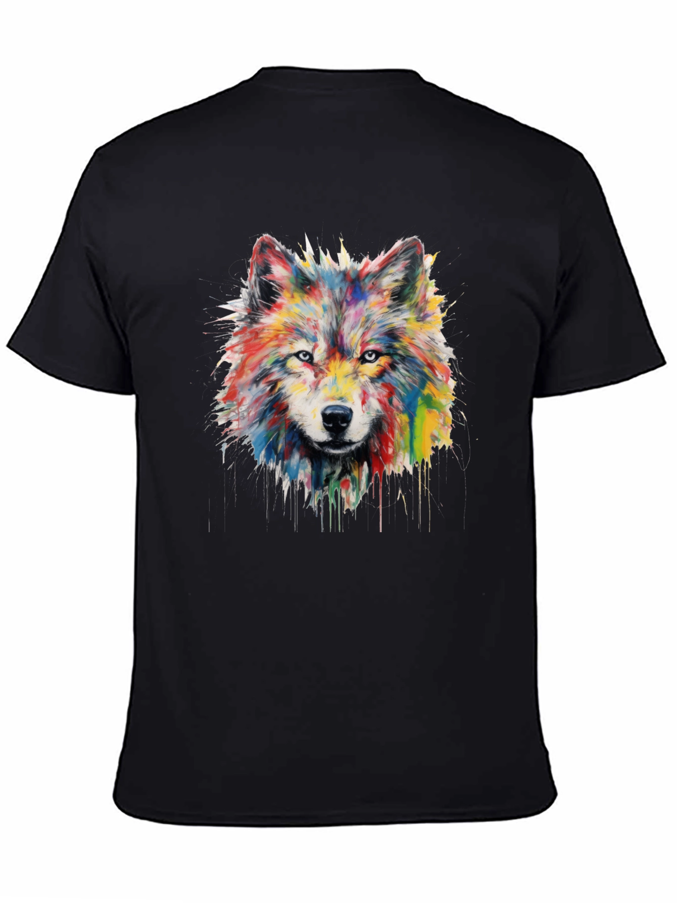 Colorful Watercolor Wolf Graphic Black T-Shirt