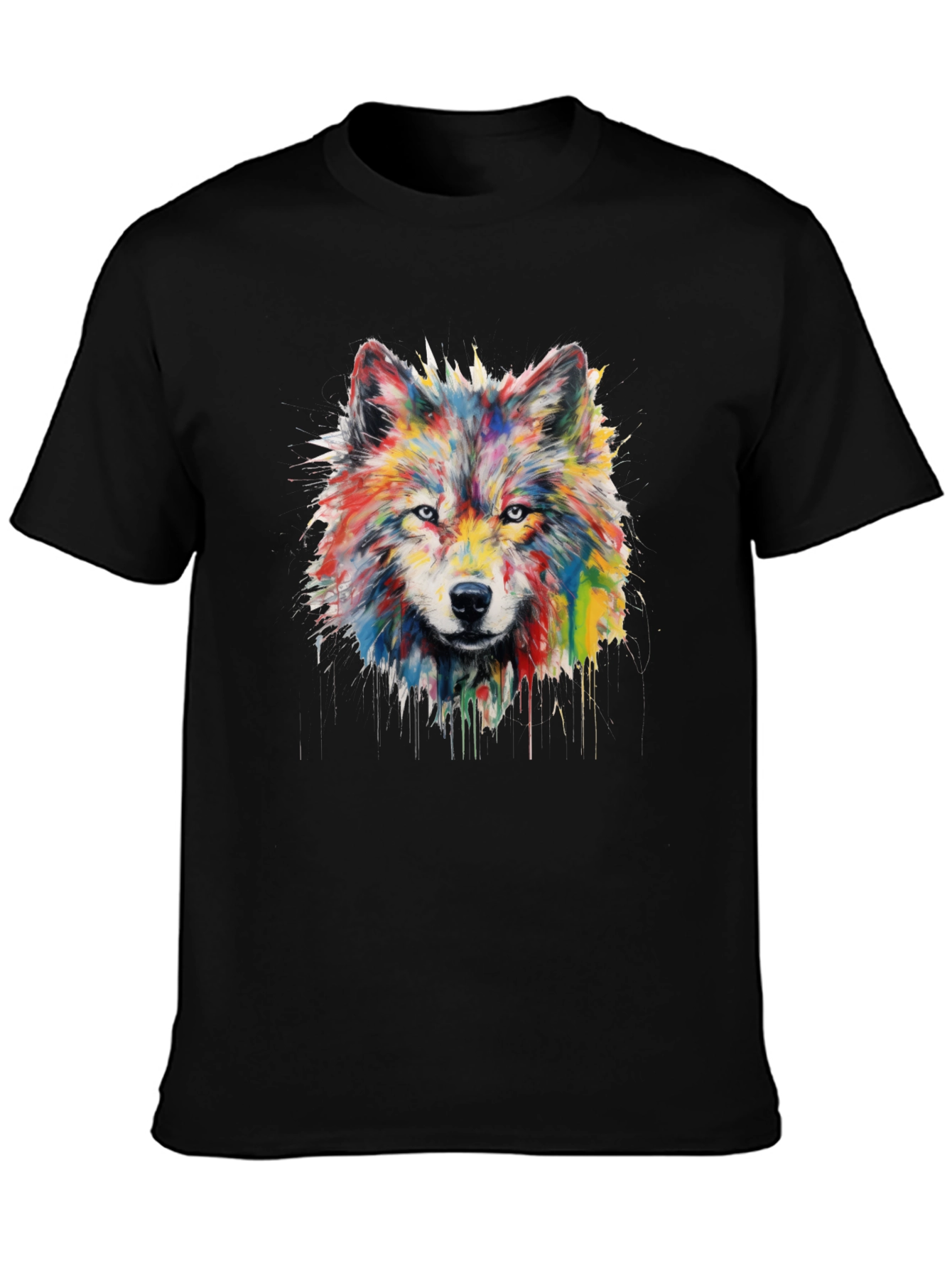 Colorful Watercolor Wolf Graphic Black T-Shirt