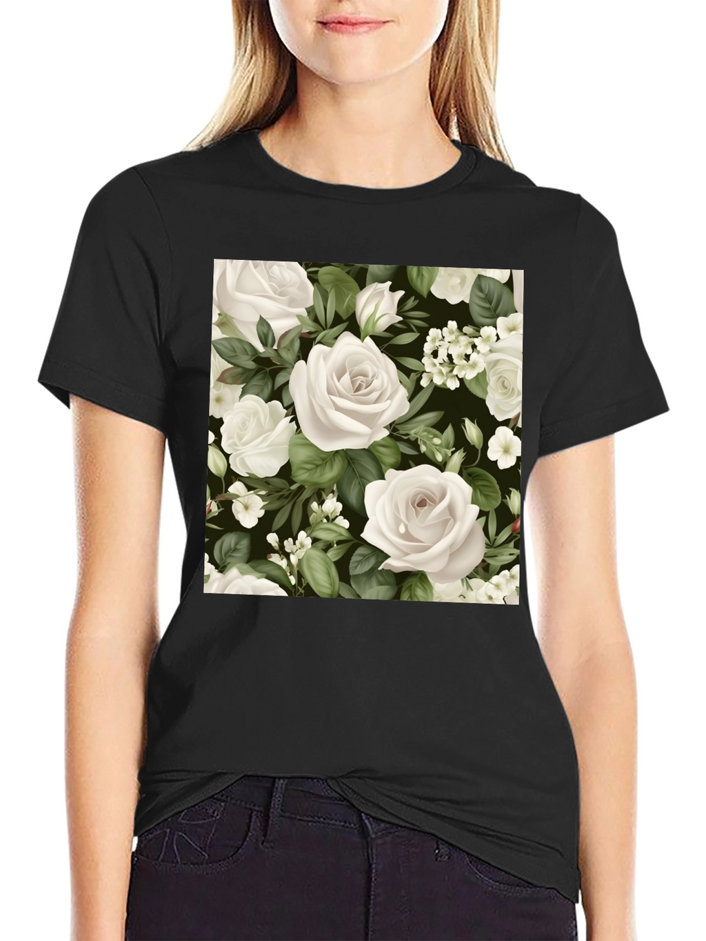Floral Rose T-Shirt - Black Cotton Blend