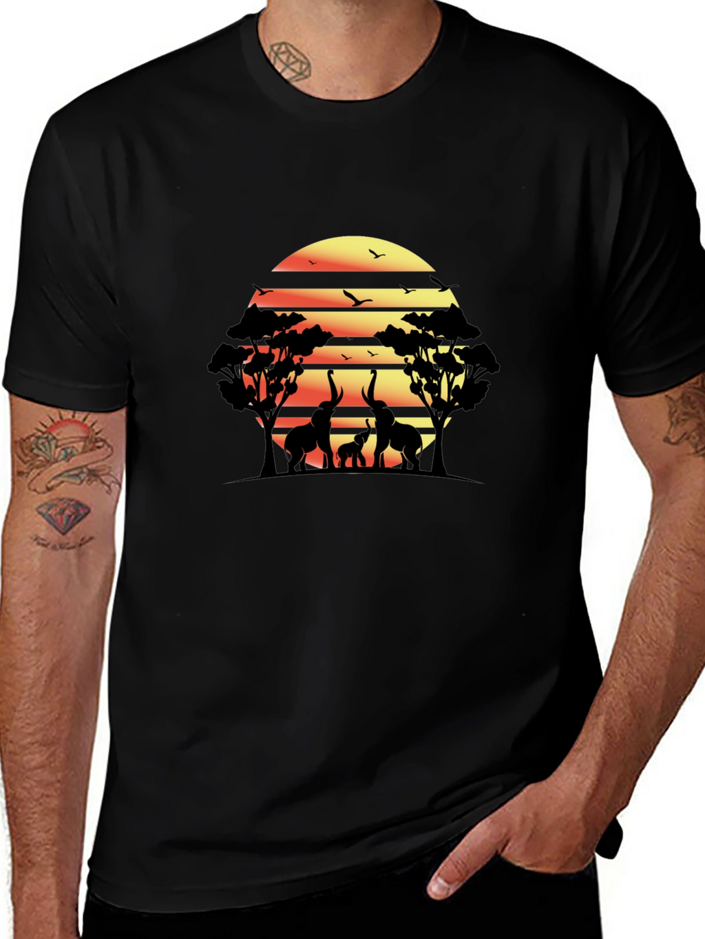 African Sunset Elephant Graphic Tee - Black