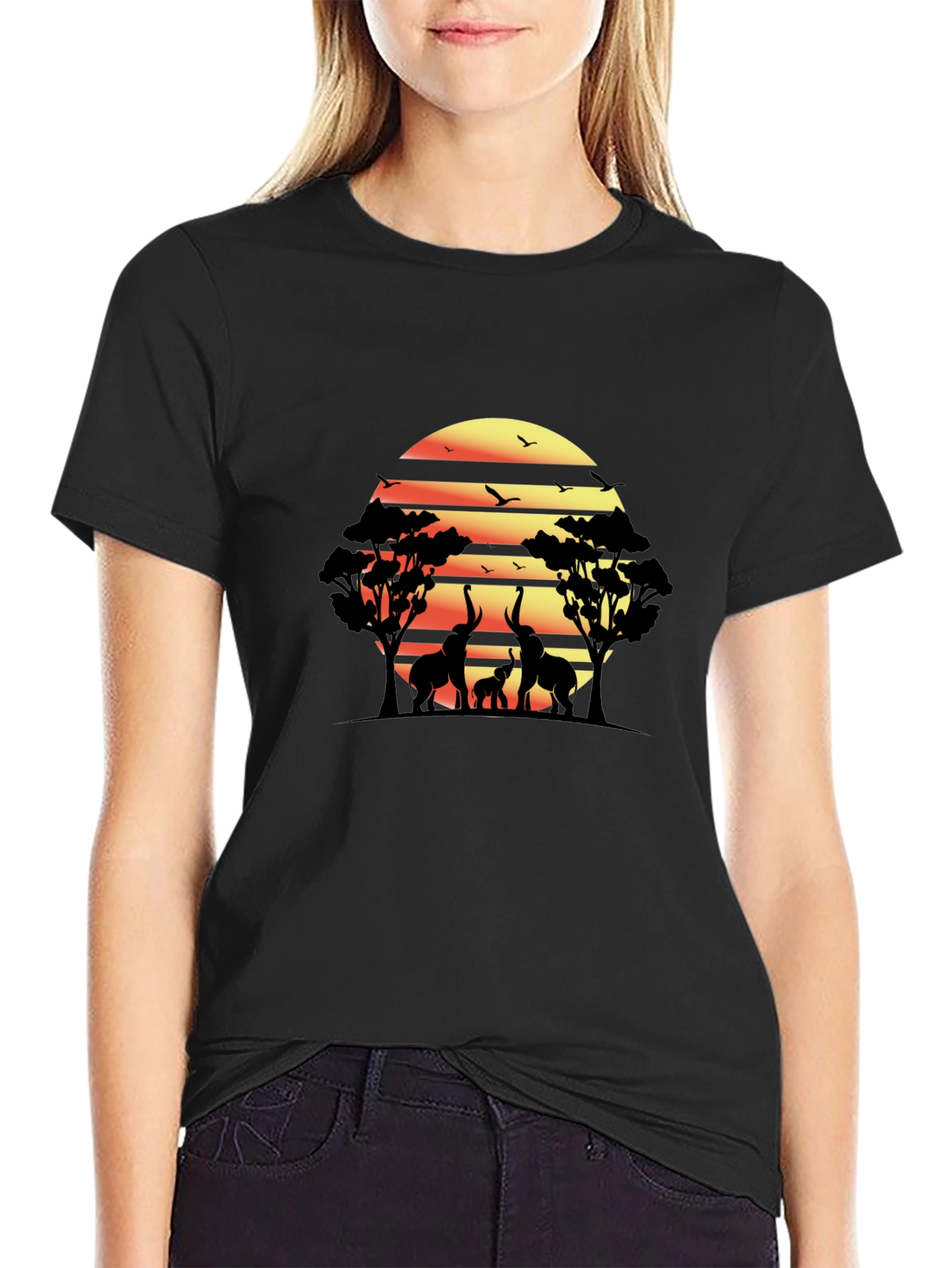 African Sunset Elephant Graphic Tee - Black
