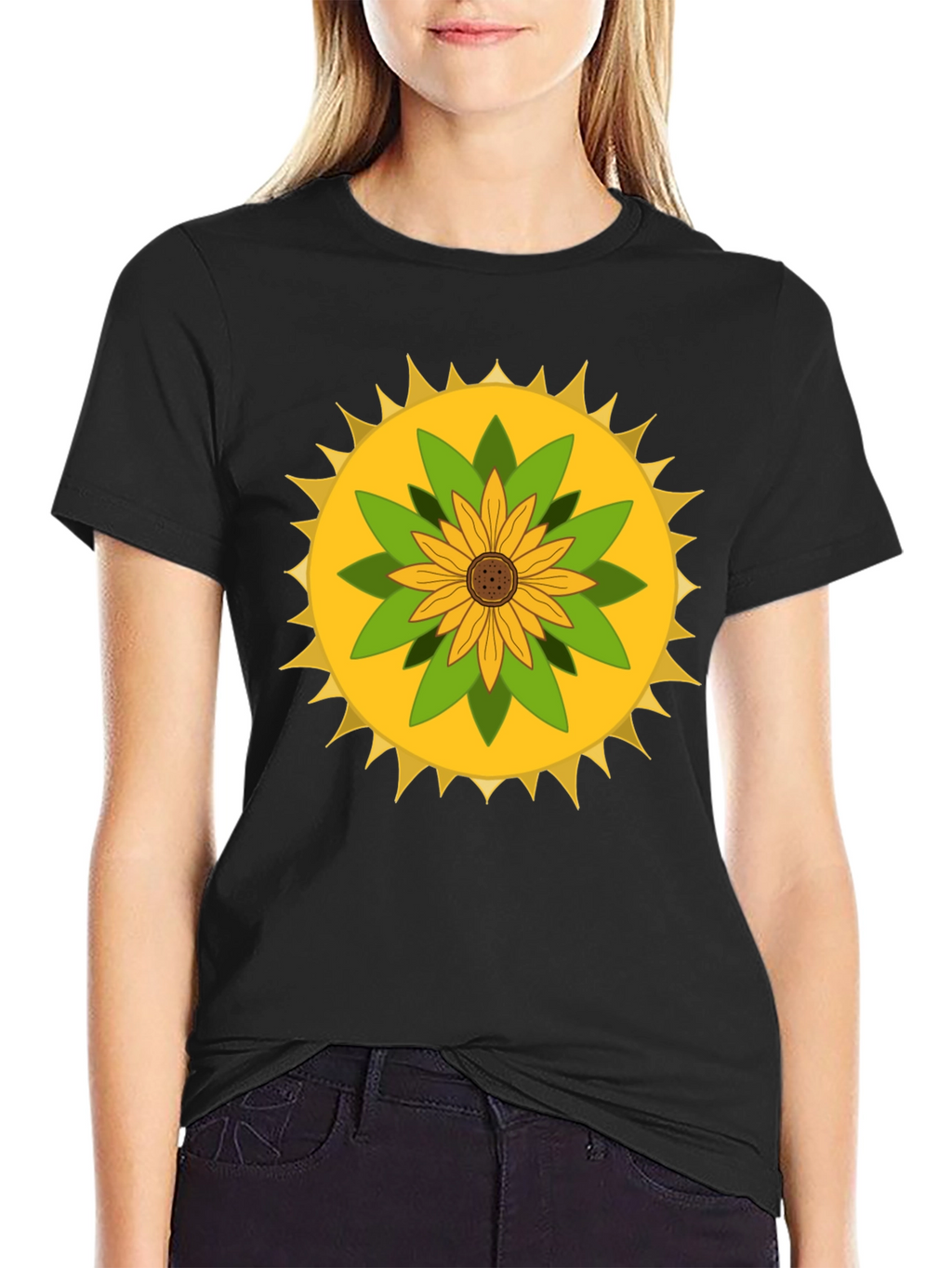 Sunflower Mandala Graphic Black T-Shirt